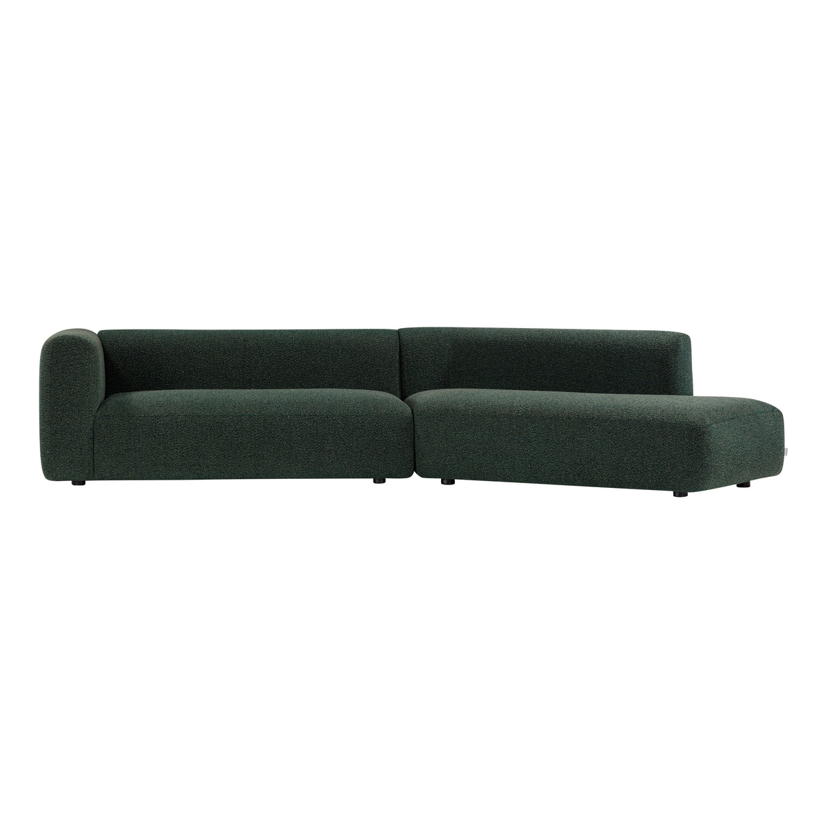 Modern dark green sectional sofa with a sleek design and smooth fabric. Ideal for contemporary living spaces.