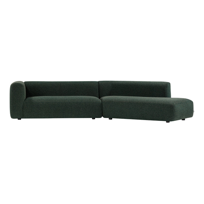 Modern dark green sectional sofa with a sleek design and smooth fabric. Ideal for contemporary living spaces.
