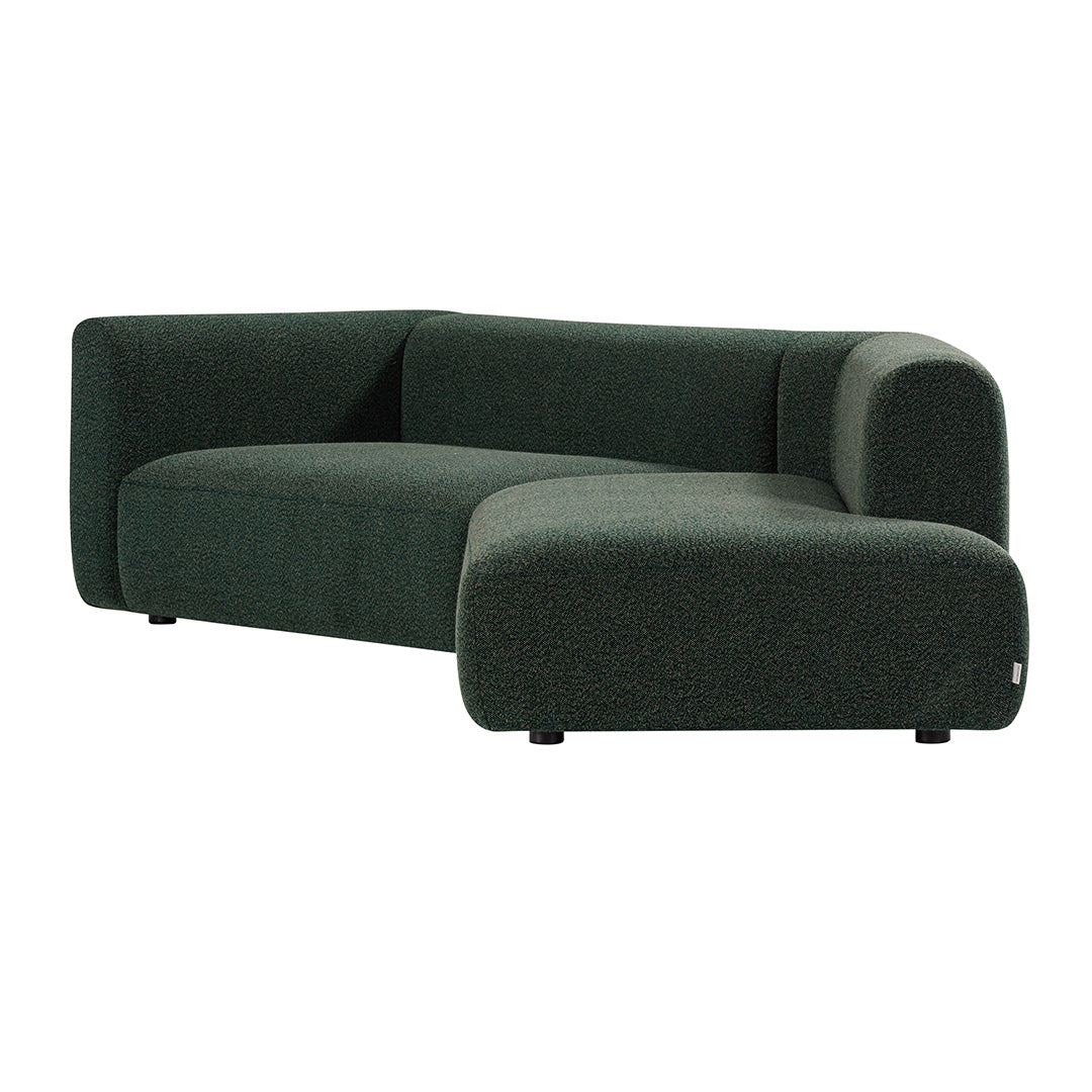Dark green modern sectional sofa with smooth, minimalistic lines and a textured fabric finish. Perfect for contemporary decor.