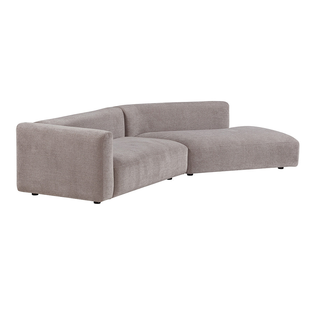 Curved gray sectional sofa with a smooth, textured fabric for a modern and cozy look. Ideal for stylish living spaces.