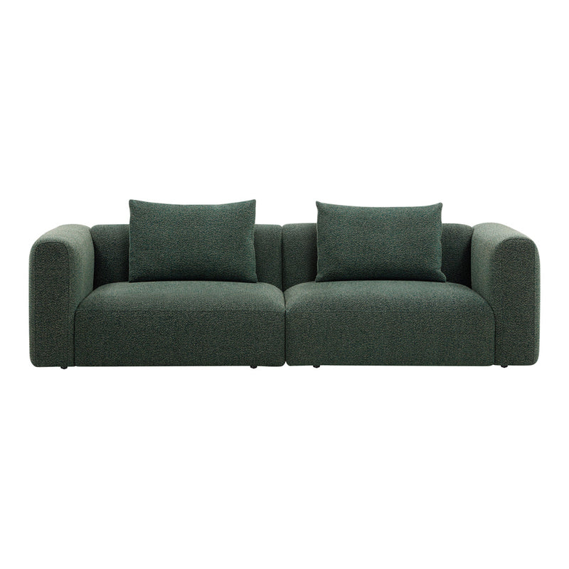 Dark green, textured fabric couch with plush, matching throw pillows in a modern design. Perfect for contemporary decor.