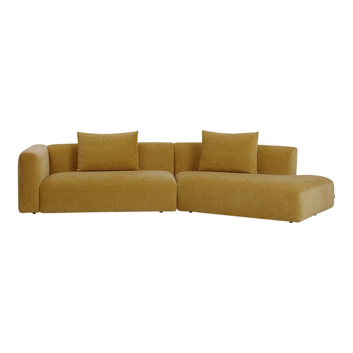 Mustard yellow sectional sofa with a smooth texture and minimalist design, featuring two matching cushions.