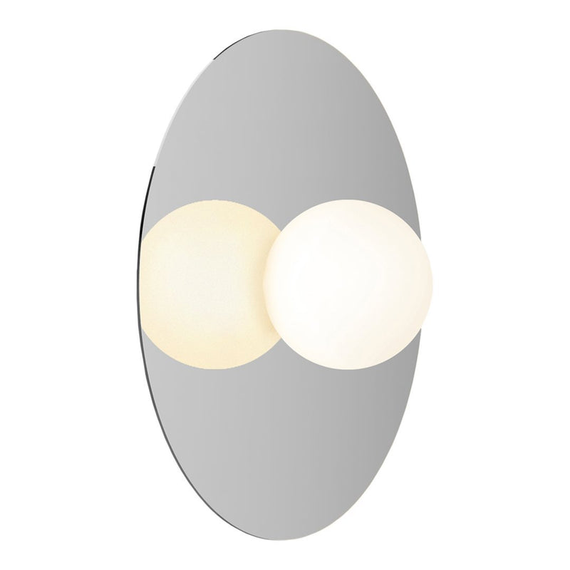 Modern oval mirror with reflective surface, featuring two circular light fixtures in warm white and off-white shades.