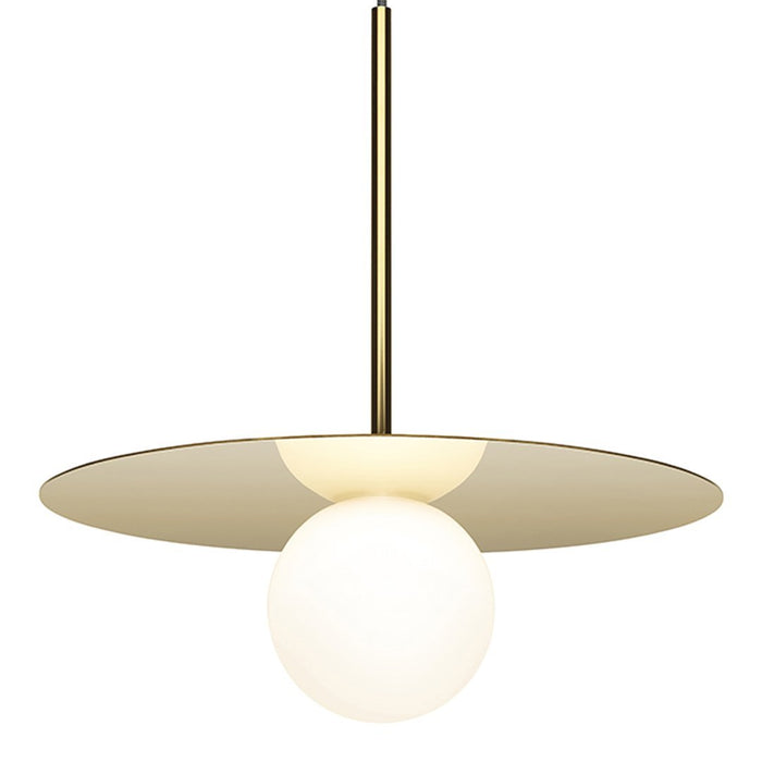 Modern pendant lamp with a glossy gold finish and a white glass globe, complementing sleek, minimal design.