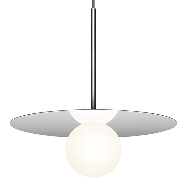 Sleek silver pendant light with a white globe, featuring a minimalist design and modern geometric patterns.