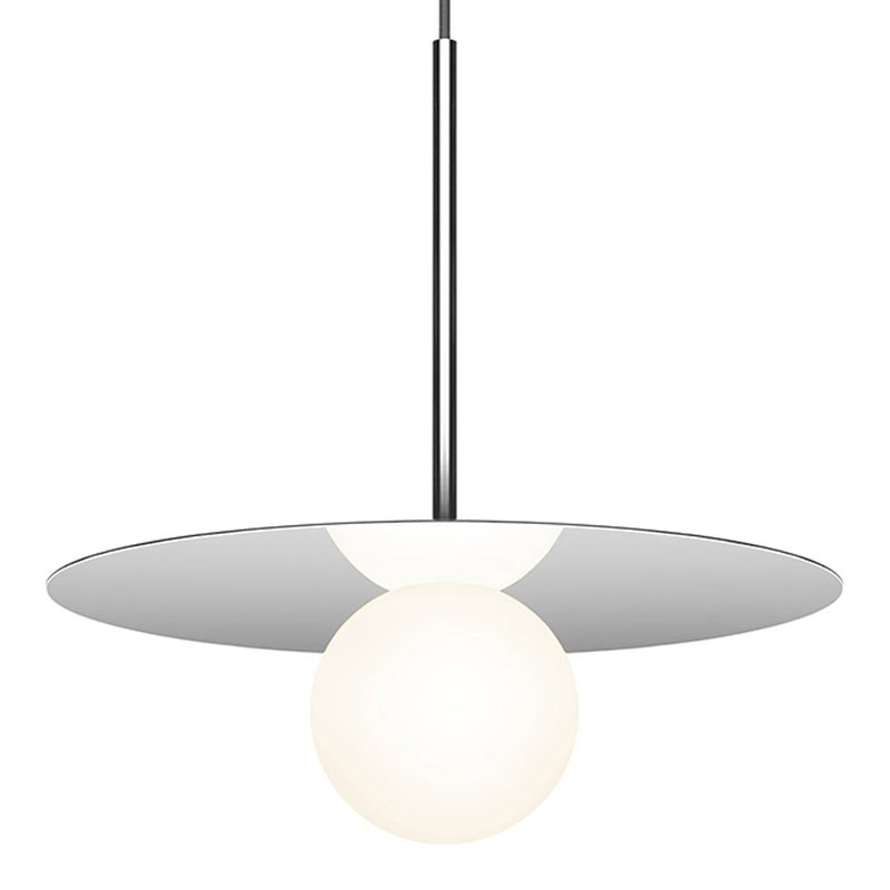 Sleek silver pendant light with a white globe, featuring a minimalist design and modern geometric patterns.