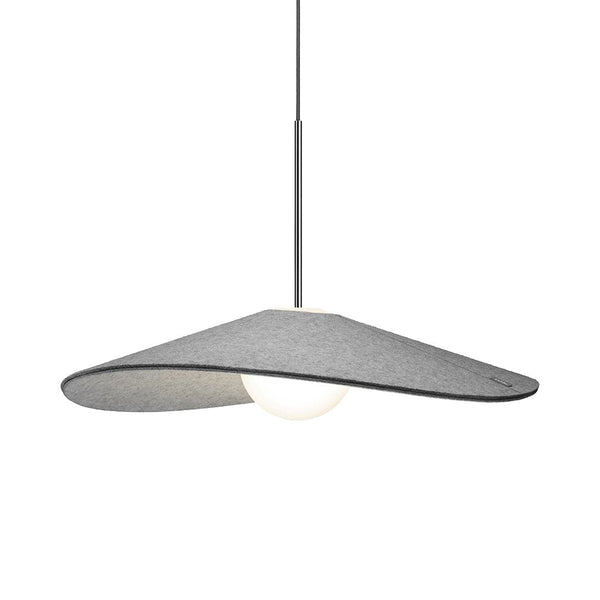 Gray felt pendant lamp with a sleek, modern design and a round white bulb. Minimalist aesthetic for stylish decor.
