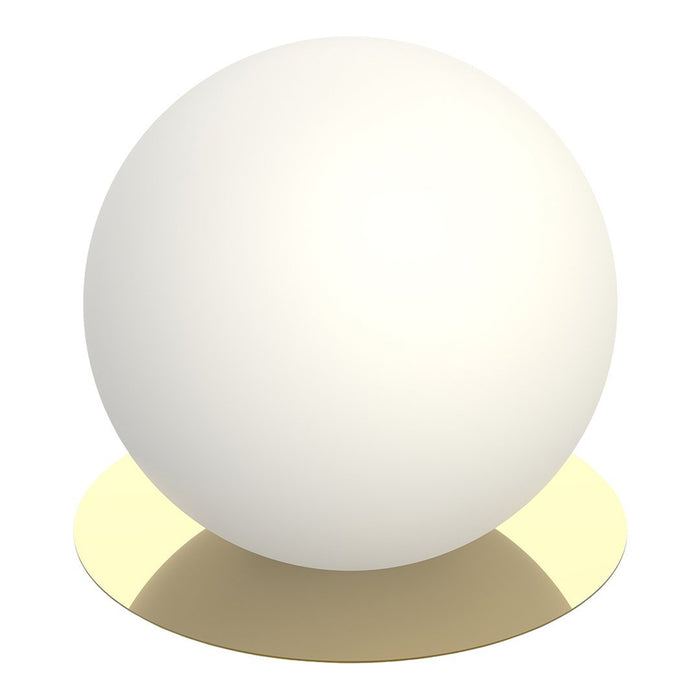 White spherical lamp on a glossy gold base, showcasing a modern and minimalist design.