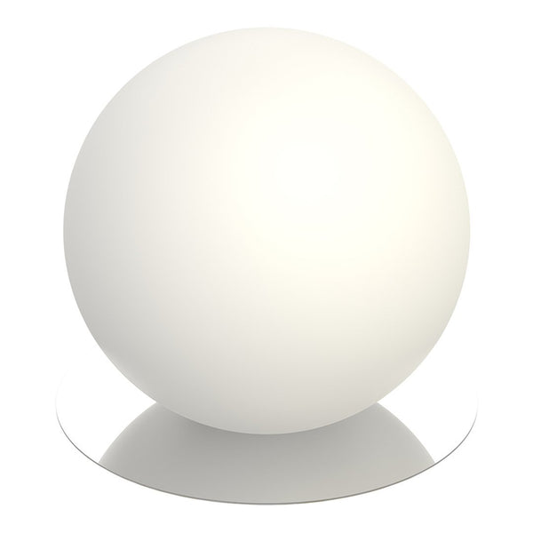 Glossy white spherical lamp on a smooth circular base, reflecting soft light with a minimalist design.