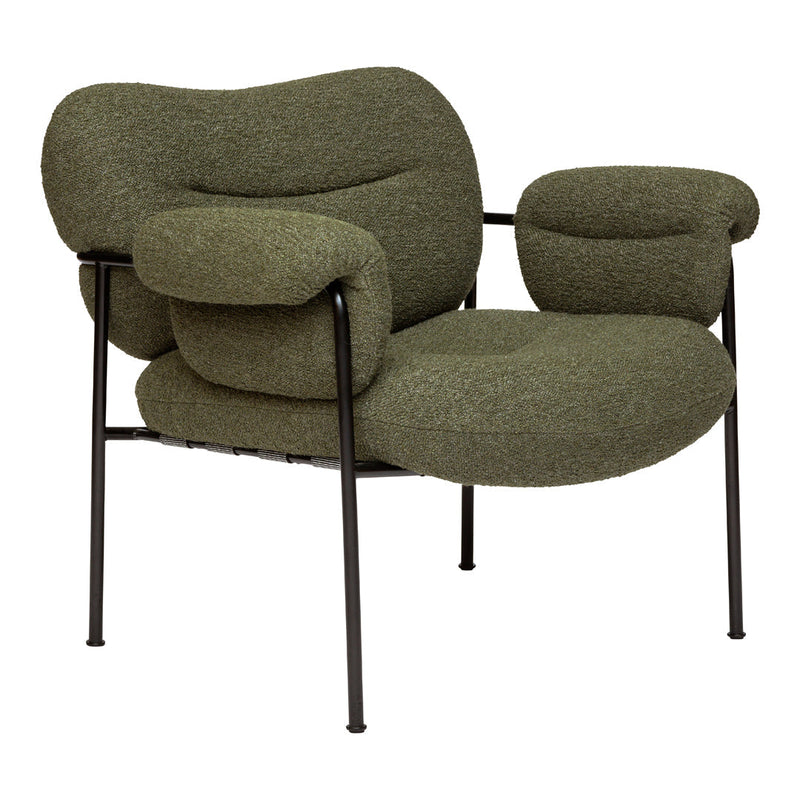 Olive green textured upholstery with a modern, curved design on a black metal frame. Perfect for stylish interiors.