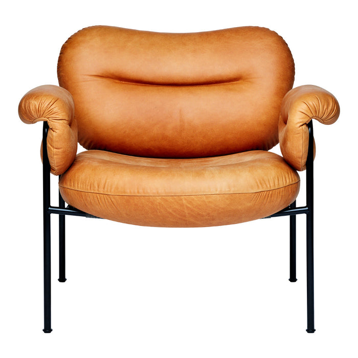 Tan leather chair with smooth, rounded upholstery and sleek black metal frame. Ideal for modern interiors.