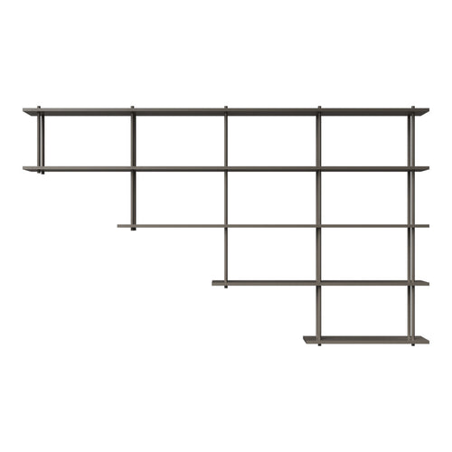 Modern gray shelving unit with a geometric design and horizontal shelves, ideal for stylish storage solutions.