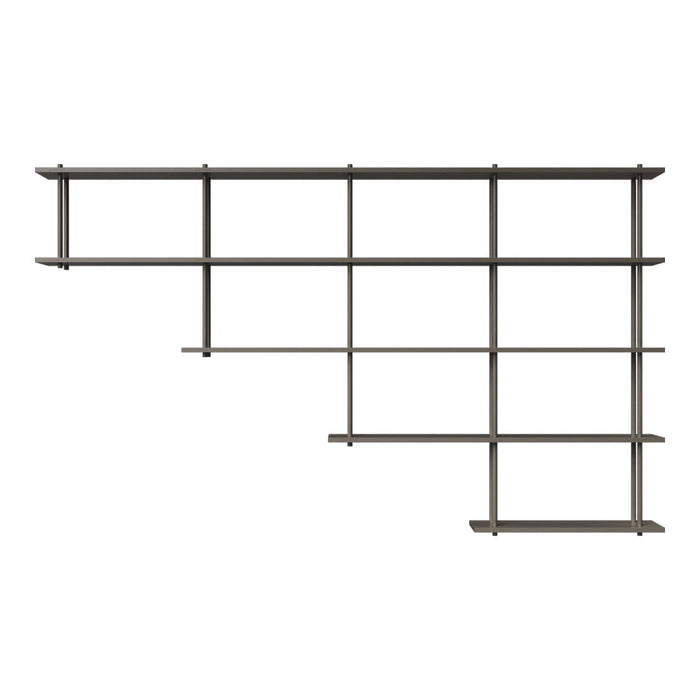 Modern gray shelving unit with a geometric design and horizontal shelves, ideal for stylish storage solutions.