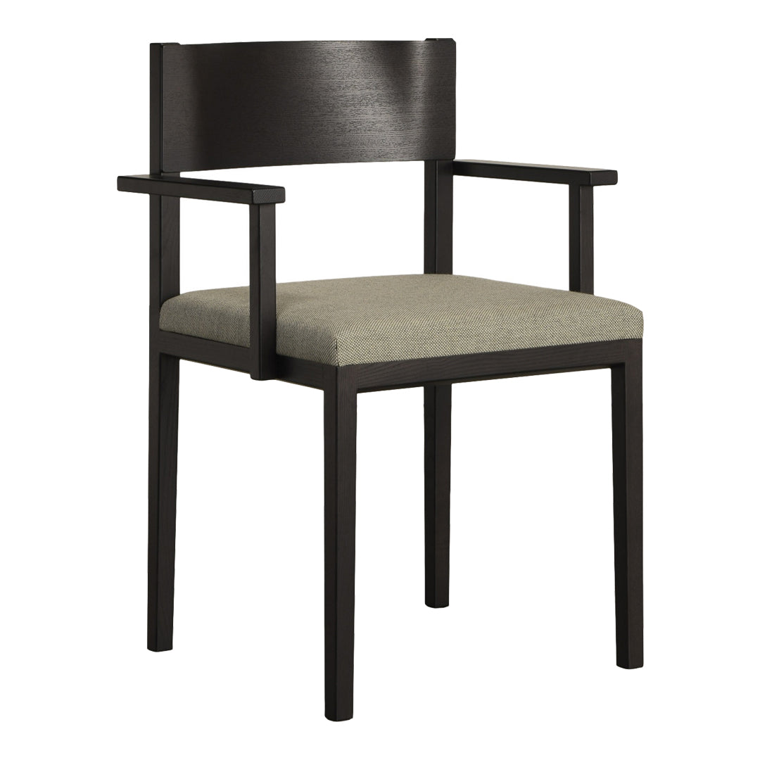 Black wooden chair with a sleek design and a soft, textured olive green seat cushion.