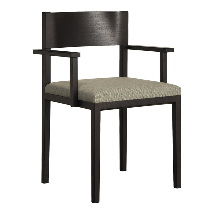 Black wooden chair with a sleek design and a soft, textured olive green seat cushion.