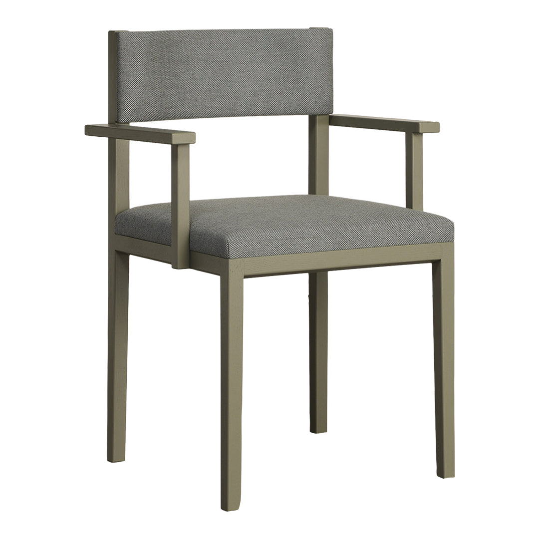Modern gray fabric dining chair with a sleek olive green frame and minimalistic design. Ideal for contemporary decor.