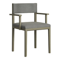 Modern gray fabric dining chair with a sleek olive green frame and minimalistic design. Ideal for contemporary decor.