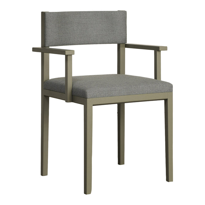 Modern gray fabric dining chair with a sleek olive green frame and minimalistic design. Ideal for contemporary decor.