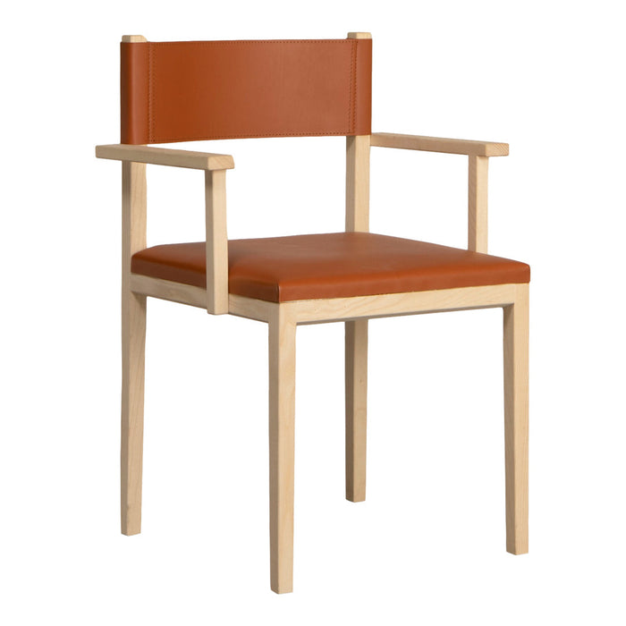 "Modern chair with a warm orange-brown seat and backrest, featuring a light natural wood frame."