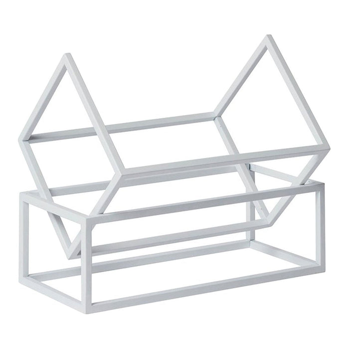 White geometric shelves with a modern triangular design, perfect for minimalist decor and organizing items stylishly.