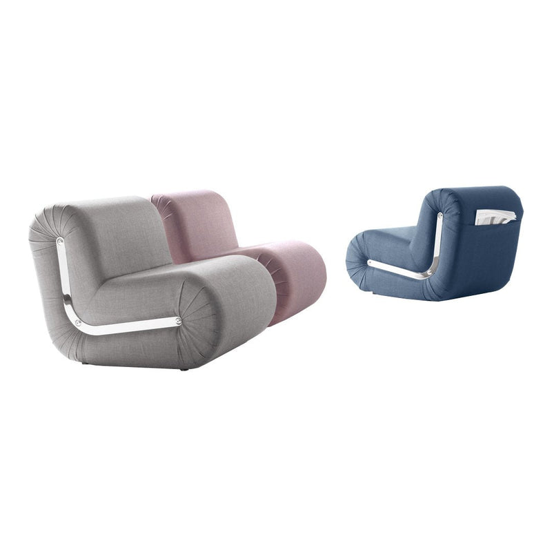 Gray and pink color-blocked sofa with modern curves, complemented by a solid blue version, showcasing sleek patterns.