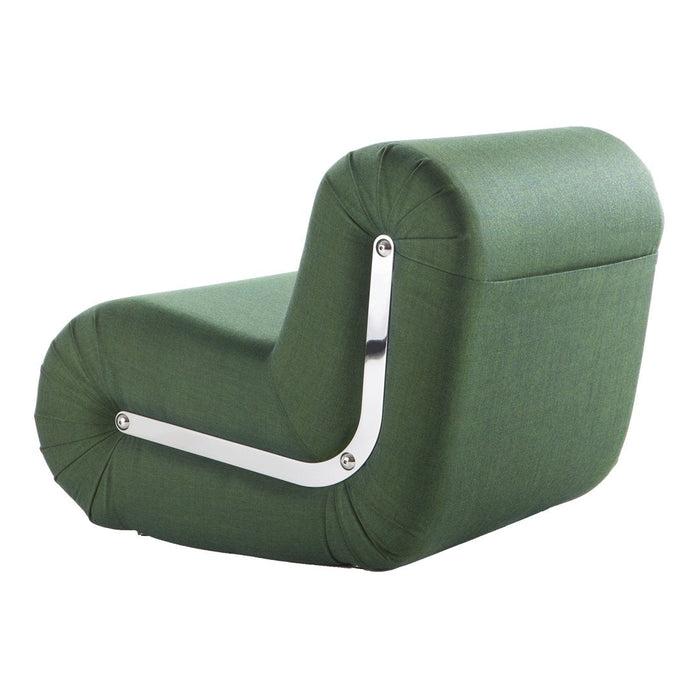 Modern green lounge chair with a chic, smooth texture and sleek silver accents. Ideal for contemporary interiors.