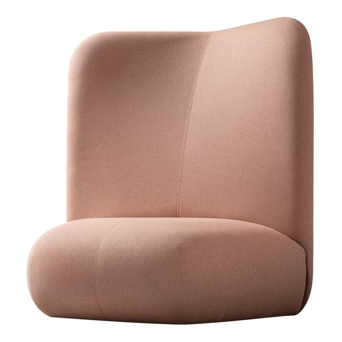 Blush pink upholstered chair with smooth, modern lines and a minimalist design. Ideal for contemporary decor.
