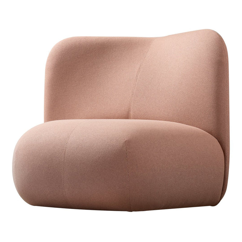 Soft pink accent chair with a smooth, contemporary design and minimal stitching for a modern aesthetic.