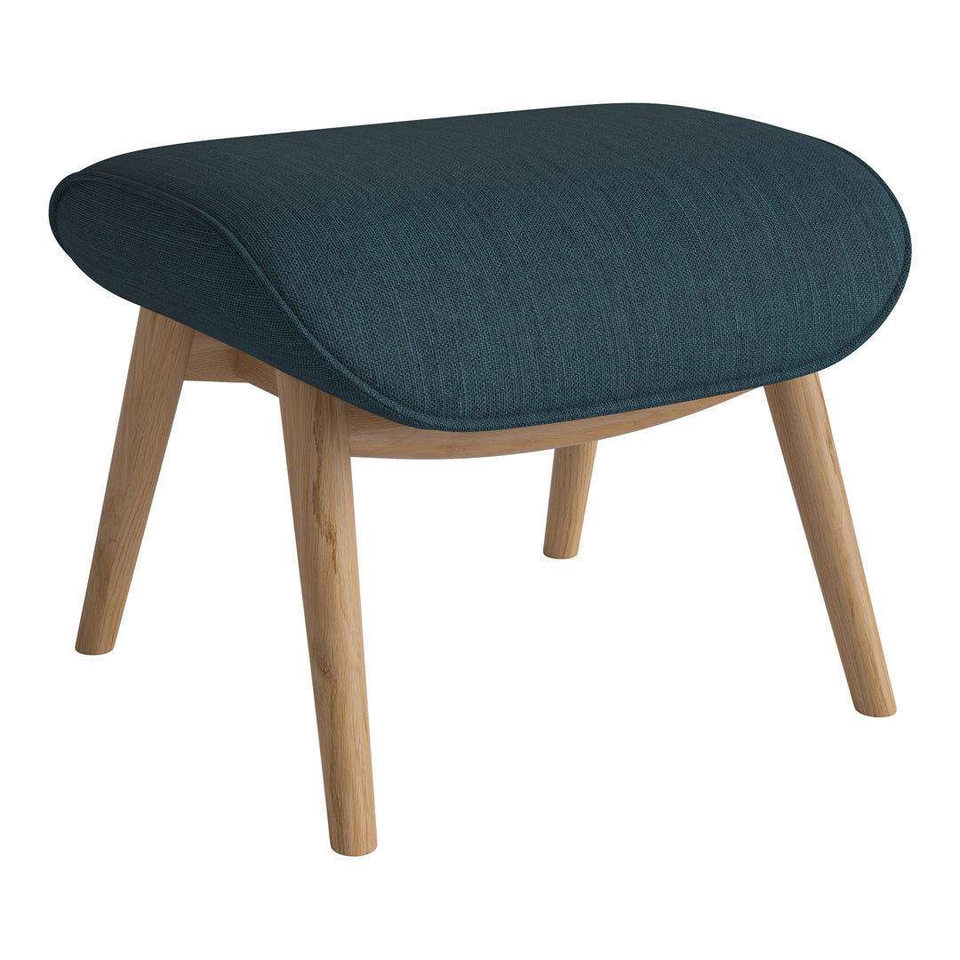 Teal upholstered ottoman with a textured finish and natural wood legs, featuring a sleek, modern design.