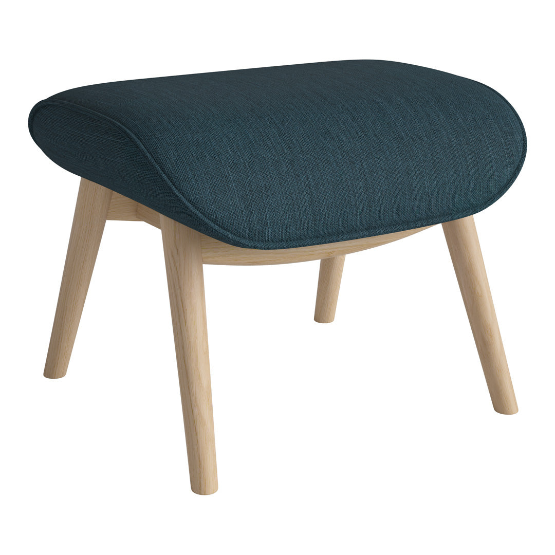 Teal upholstered ottoman with a textured pattern and light wood legs for a modern touch.