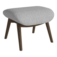 Gray textured fabric ottoman with smooth, rounded top and dark wood legs, ideal for modern decor.