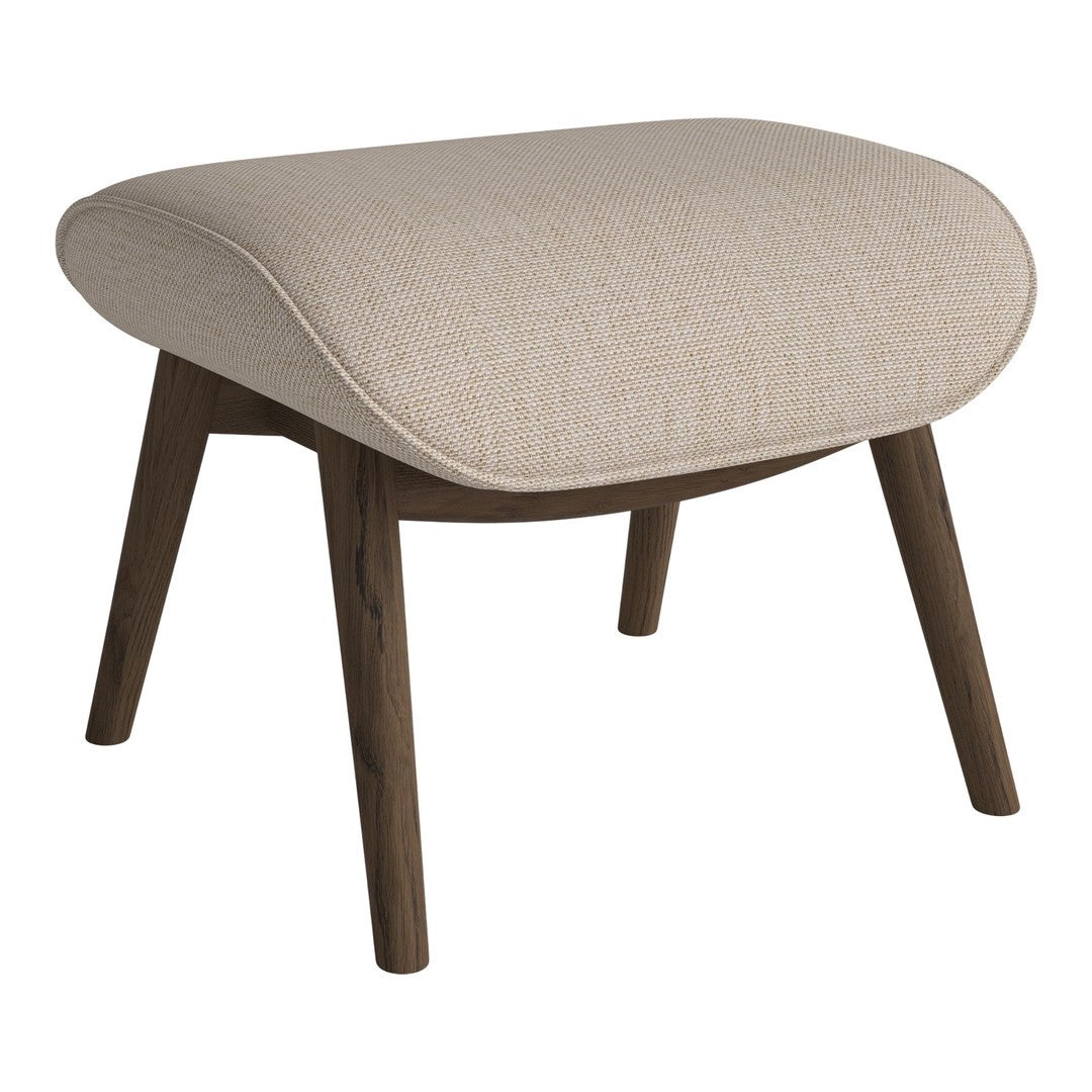 Beige upholstered ottoman with textured fabric and dark wooden legs, featuring a modern, rounded design.