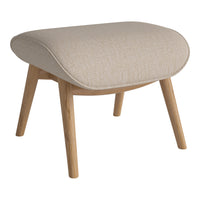 Beige textured upholstery with light brown wooden legs, featuring a minimalist, rounded design. Ideal for modern decor.