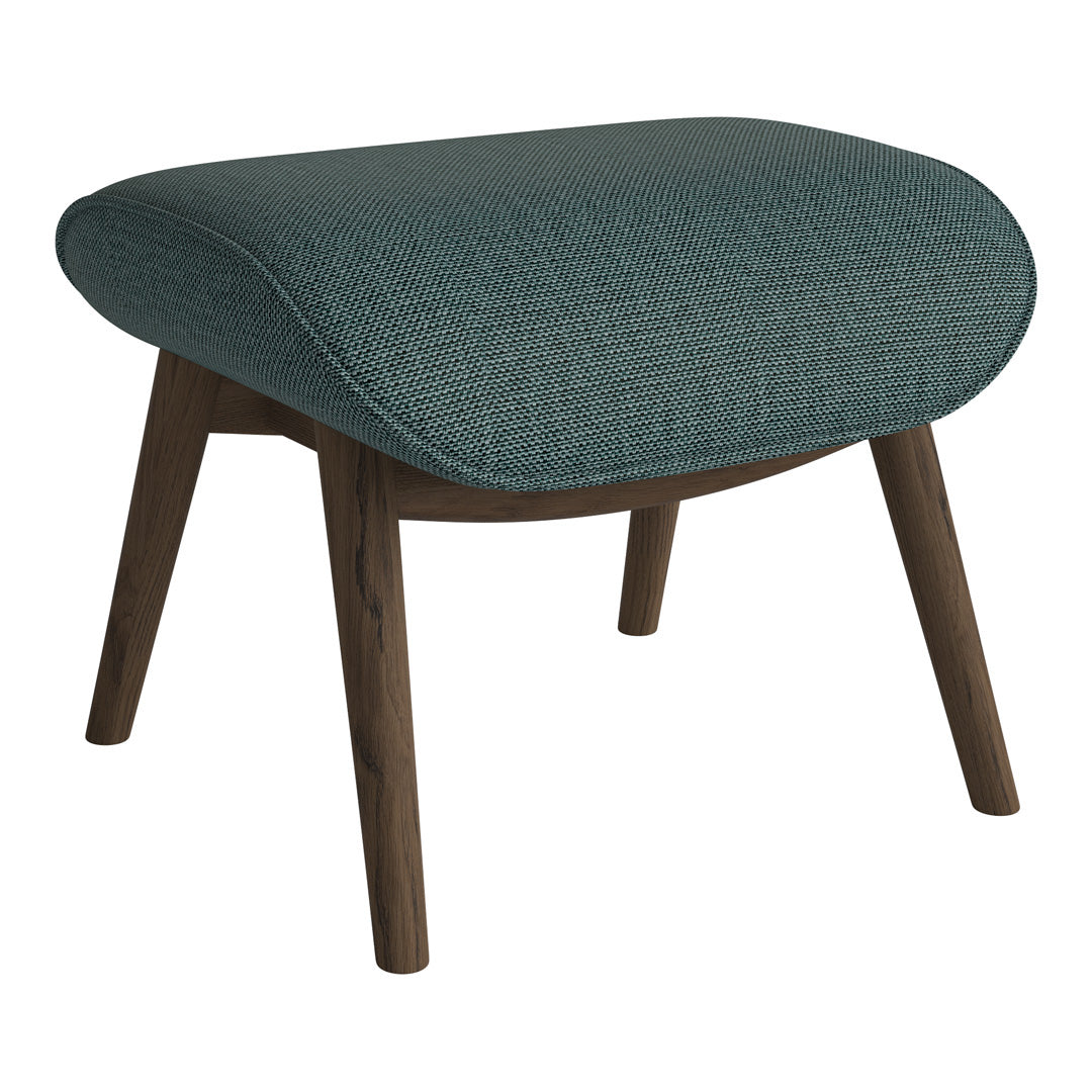 Teal textured fabric ottoman with wooden legs, featuring a modern, stylish design. Perfect for contemporary interiors.