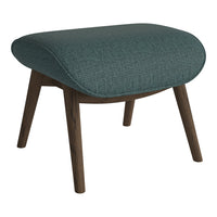 Teal textured fabric ottoman with wooden legs, featuring a modern, stylish design. Perfect for contemporary interiors.