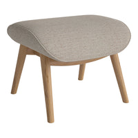 Beige fabric ottoman with soft texture, featuring light wood legs and a curved design for modern decor.