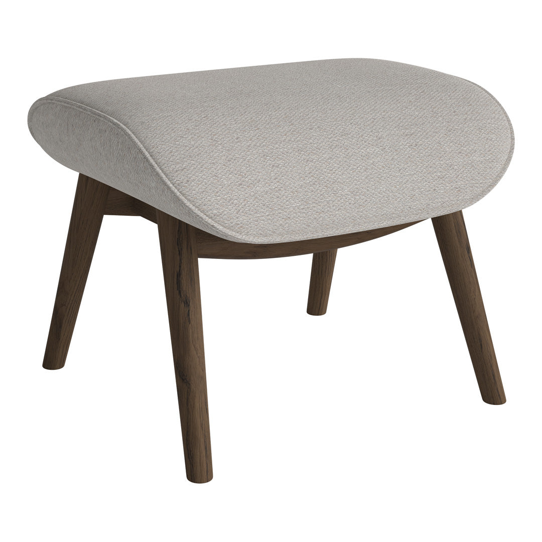 Light gray textured fabric ottoman with dark wooden legs, featuring a smooth, curvy silhouette. Perfect for modern decor.