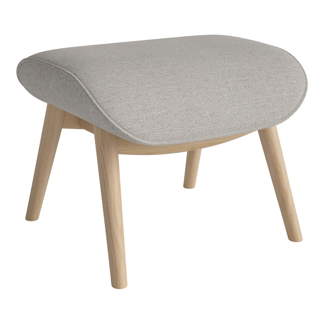 Light gray upholstered stool with a textured fabric and natural wood legs, featuring a smooth, curved design.