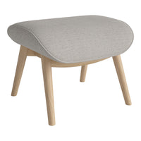 Light gray upholstered stool with a textured fabric and natural wood legs, featuring a smooth, curved design.