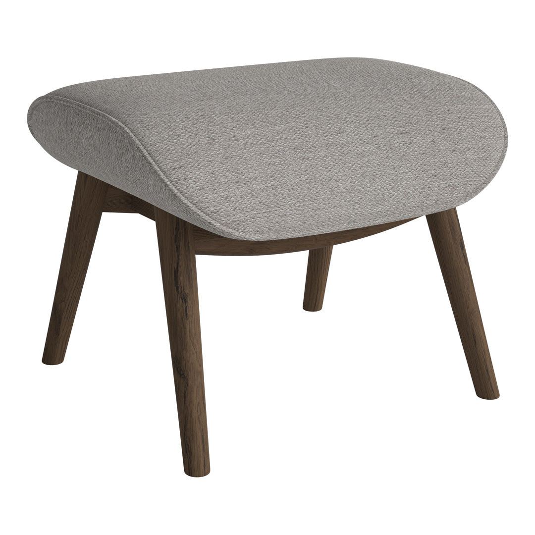 Gray upholstered ottoman with a textured pattern and wooden legs, offering a modern, minimalistic design.