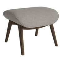 Gray upholstered ottoman with a textured pattern and wooden legs, offering a modern, minimalistic design.