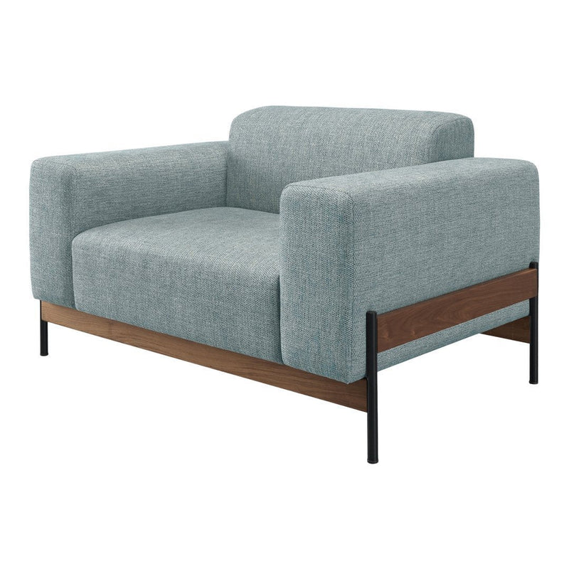 Light blue textured upholstery with a wooden base and black metal accents, modern minimalist design.