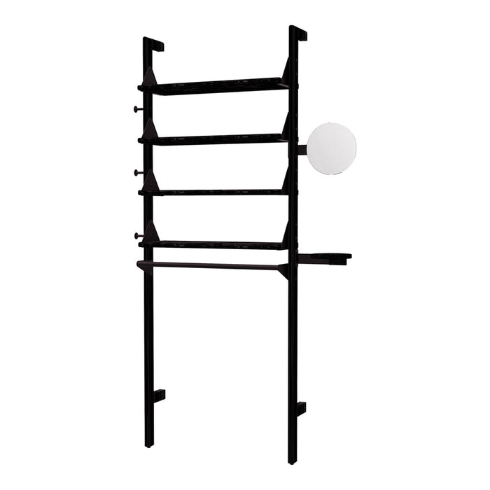 Black shelving unit with sleek, straight lines and a round white accent, perfect for modern decor.