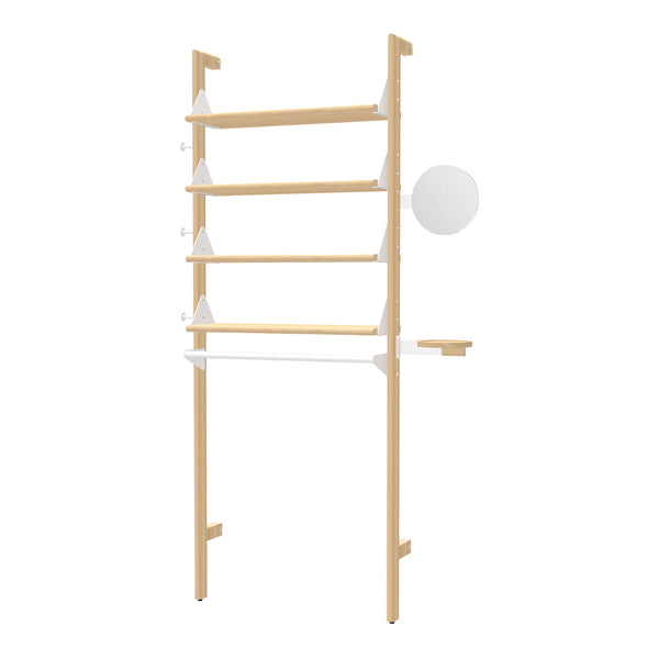 Light wood shelving unit with white accents and a circular wall mirror. Minimalist and modern design.