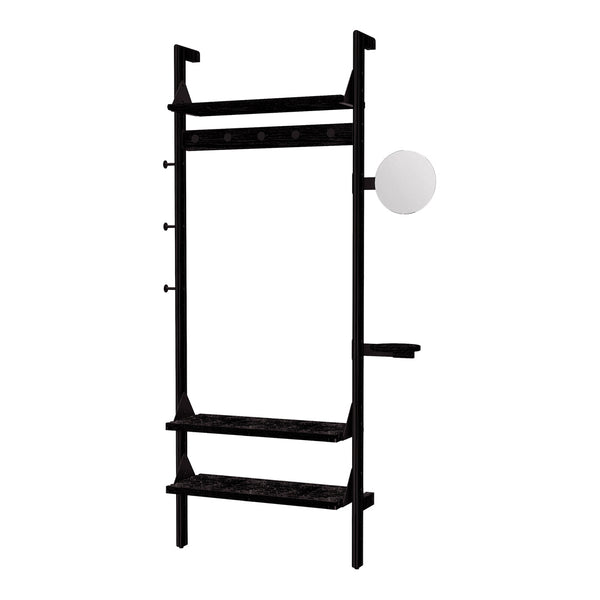 Black ladder shelf with geometric patterns and a round white light fixture. Modern and minimalist design.