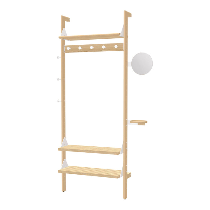 Light wood coat rack with white accents, featuring a minimalist design and no visible patterns. Perfect for modern decor.