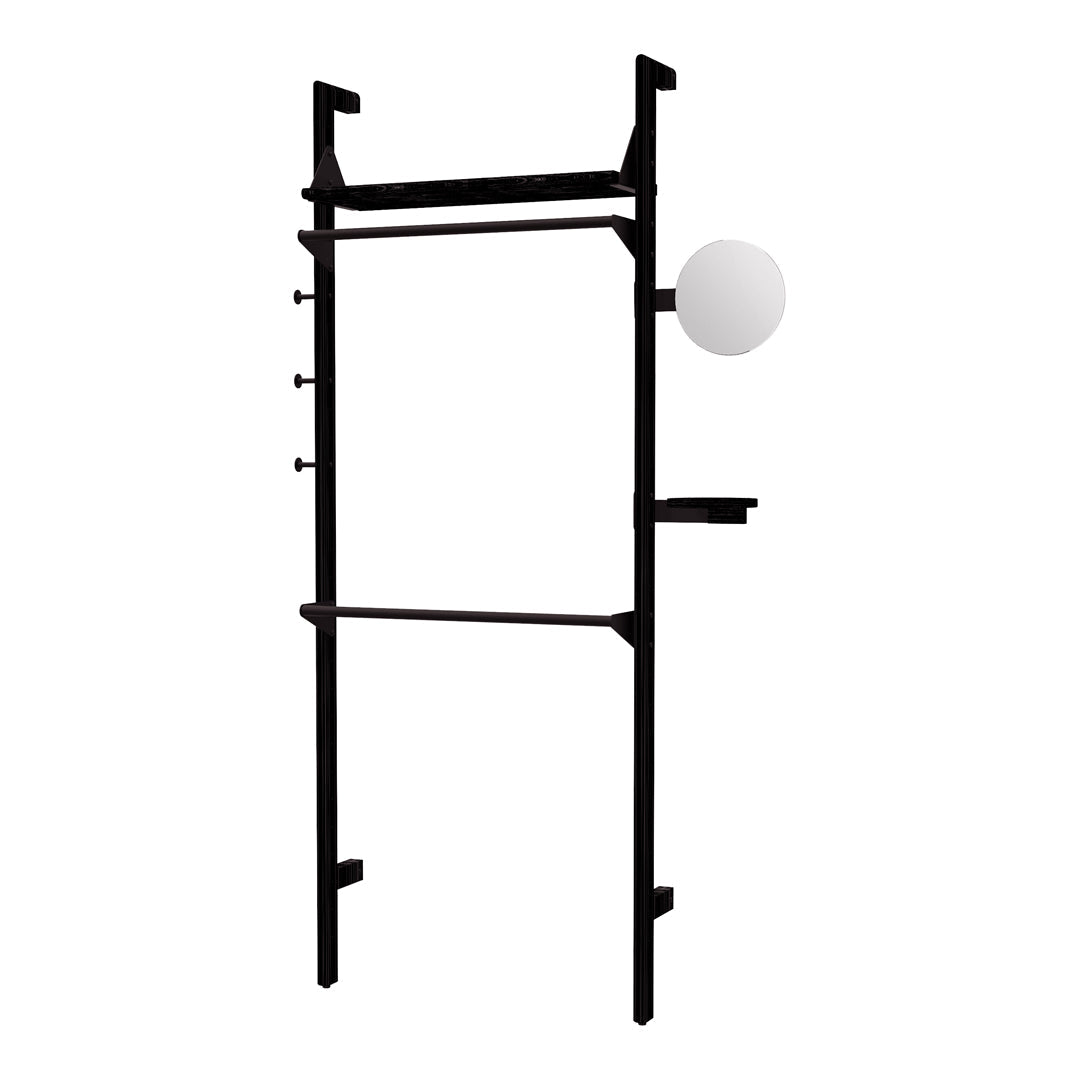 Sleek black frame with minimalist design; features smooth white globe accent for contrast.