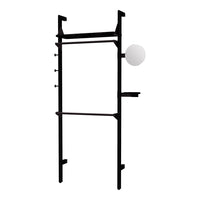 Sleek black frame with minimalist design; features smooth white globe accent for contrast.