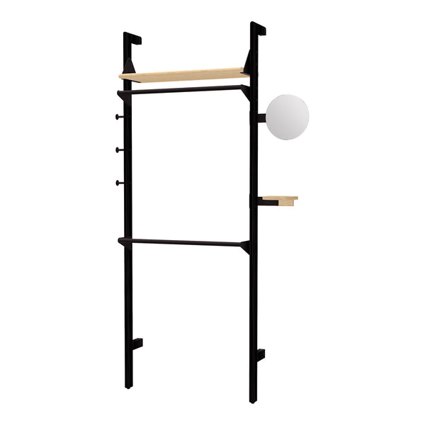 Black metal frame with natural wood shelves and a round white light fixture. Minimalist design with sleek lines.