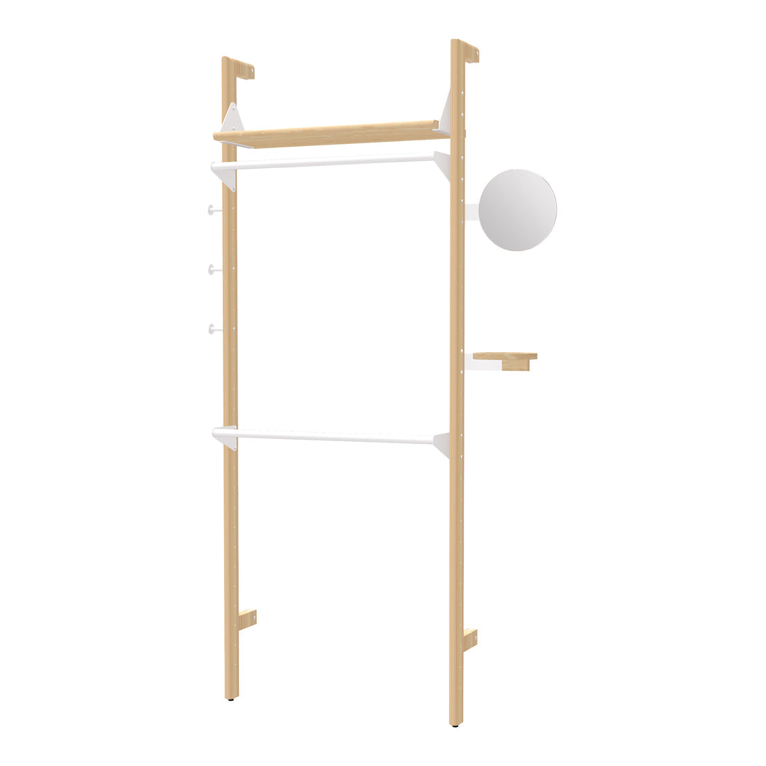 Scandinavian-style shelving unit in natural wood with white accents and round mirror. Clean, modern design.